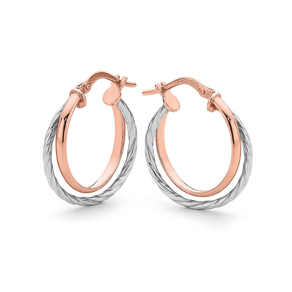 Double Hoop 2 Tone Earrings - 9k Rose & White Gold Silver Filled
