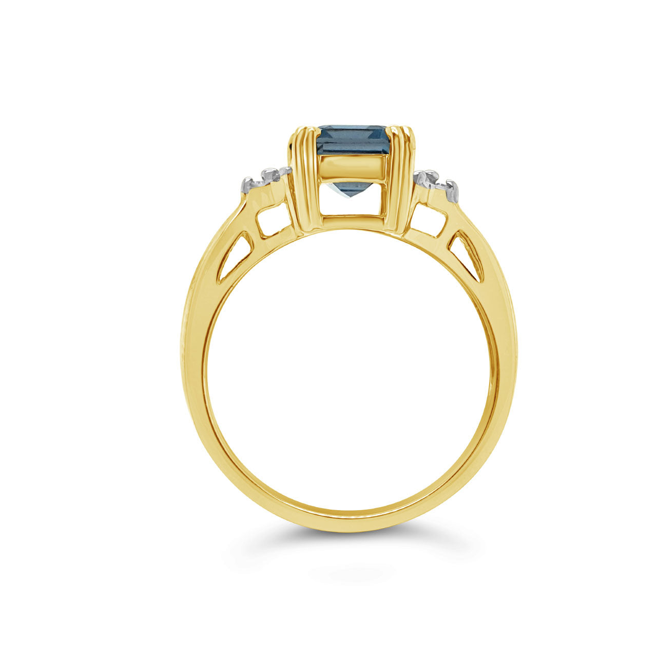 9k Yellow Gold Blue Topaz & Diamond Emerald Cut Dress Ring
