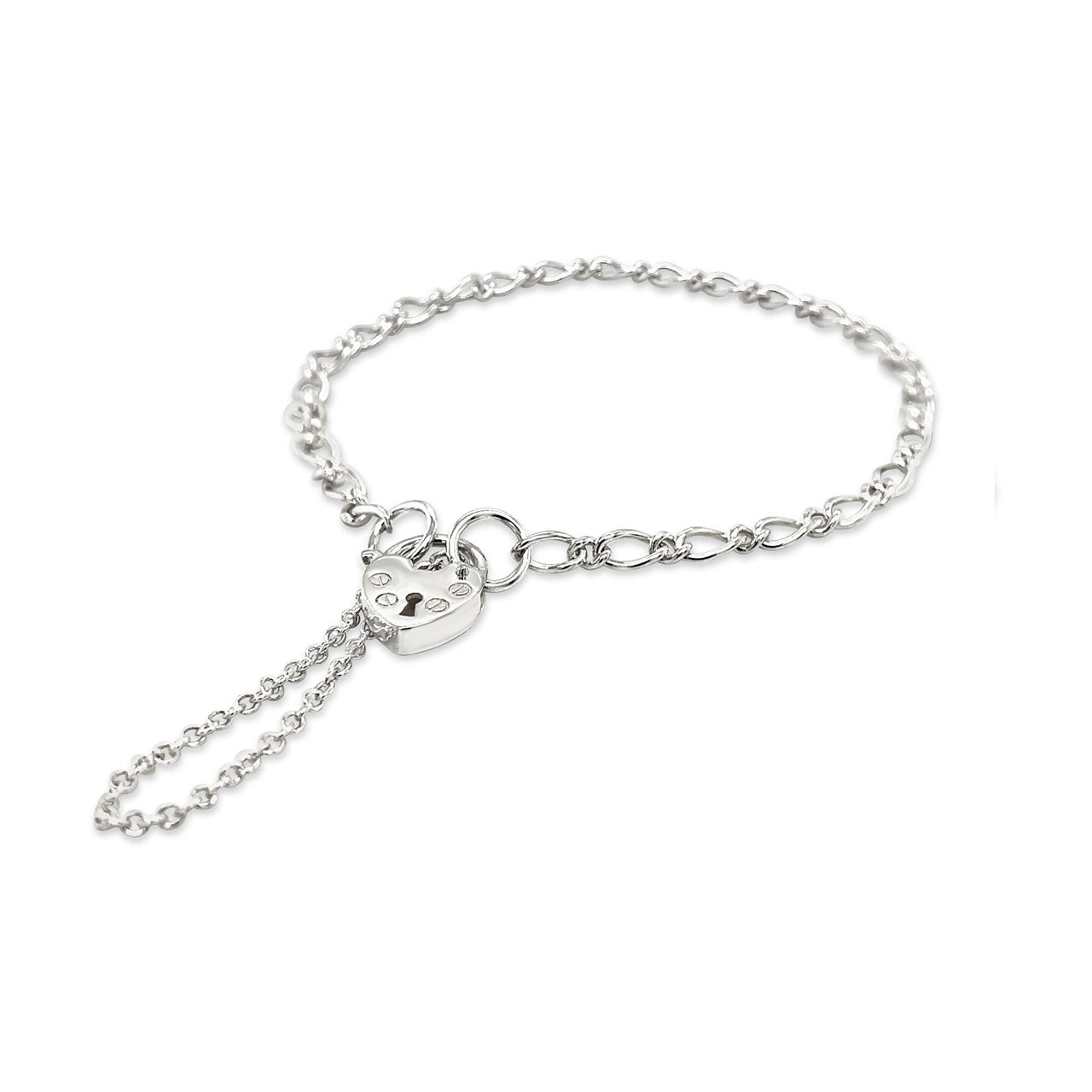 Sterling Silver Heart Padlock 19cm Figaro Bracelet