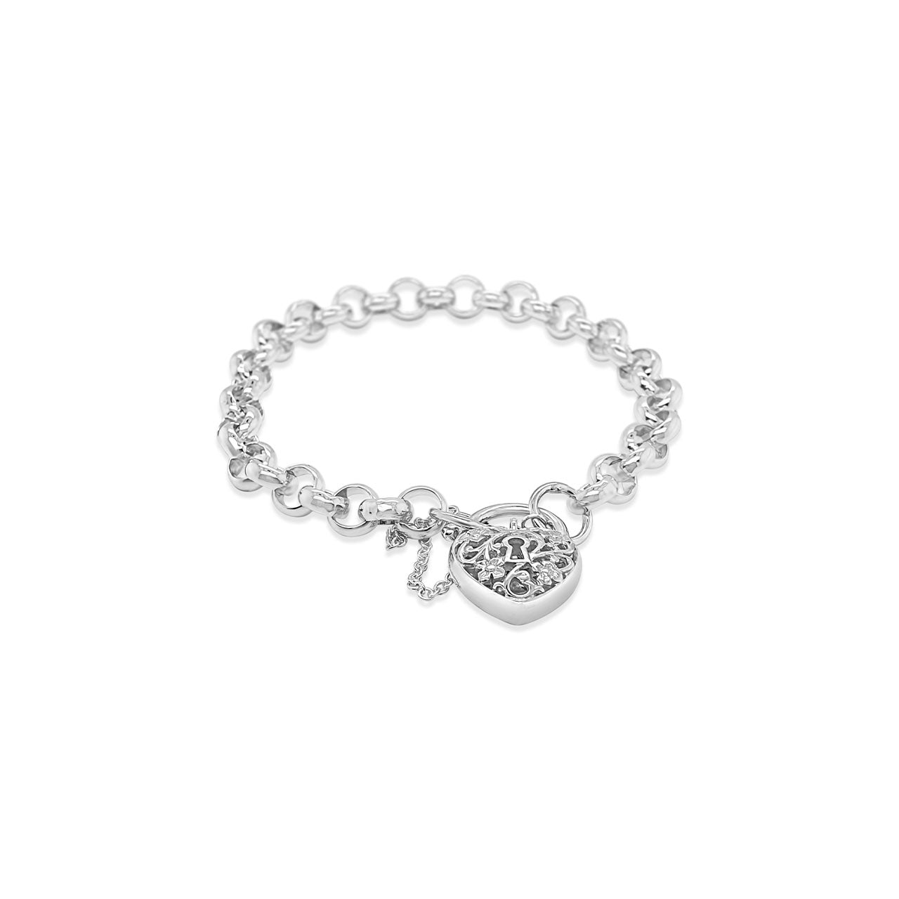 Sterling Silver Filigree Padlock Round Belcher Bracelet