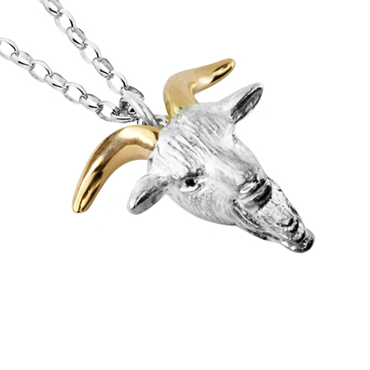 Sterling Silver & 9k Yellow Gold Goat Head with Garnet 60cm Necklace