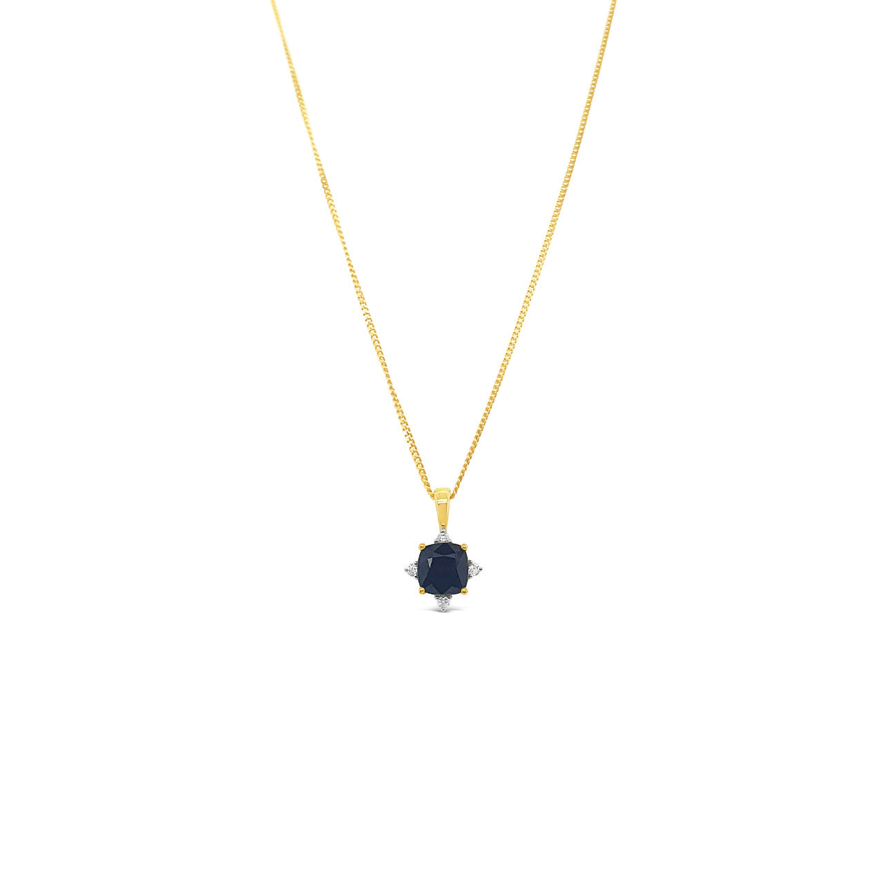 9k Yellow Gold Cushion Cut Sapphire & Diamond Pendant