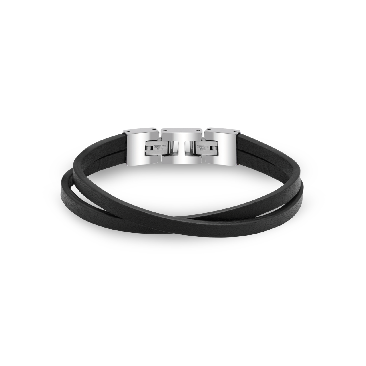 Rochet - Mens Stainless Steel Black Double Strand Leather Bracelet
