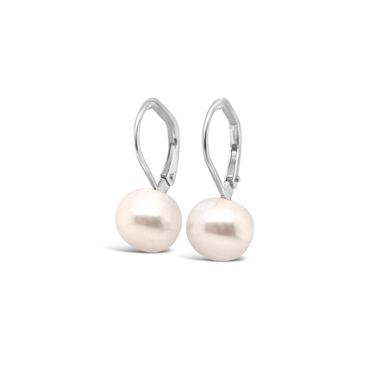 Sterling Silver 8-8.5mm White Button Fresh Water Pearl Drop Earrings