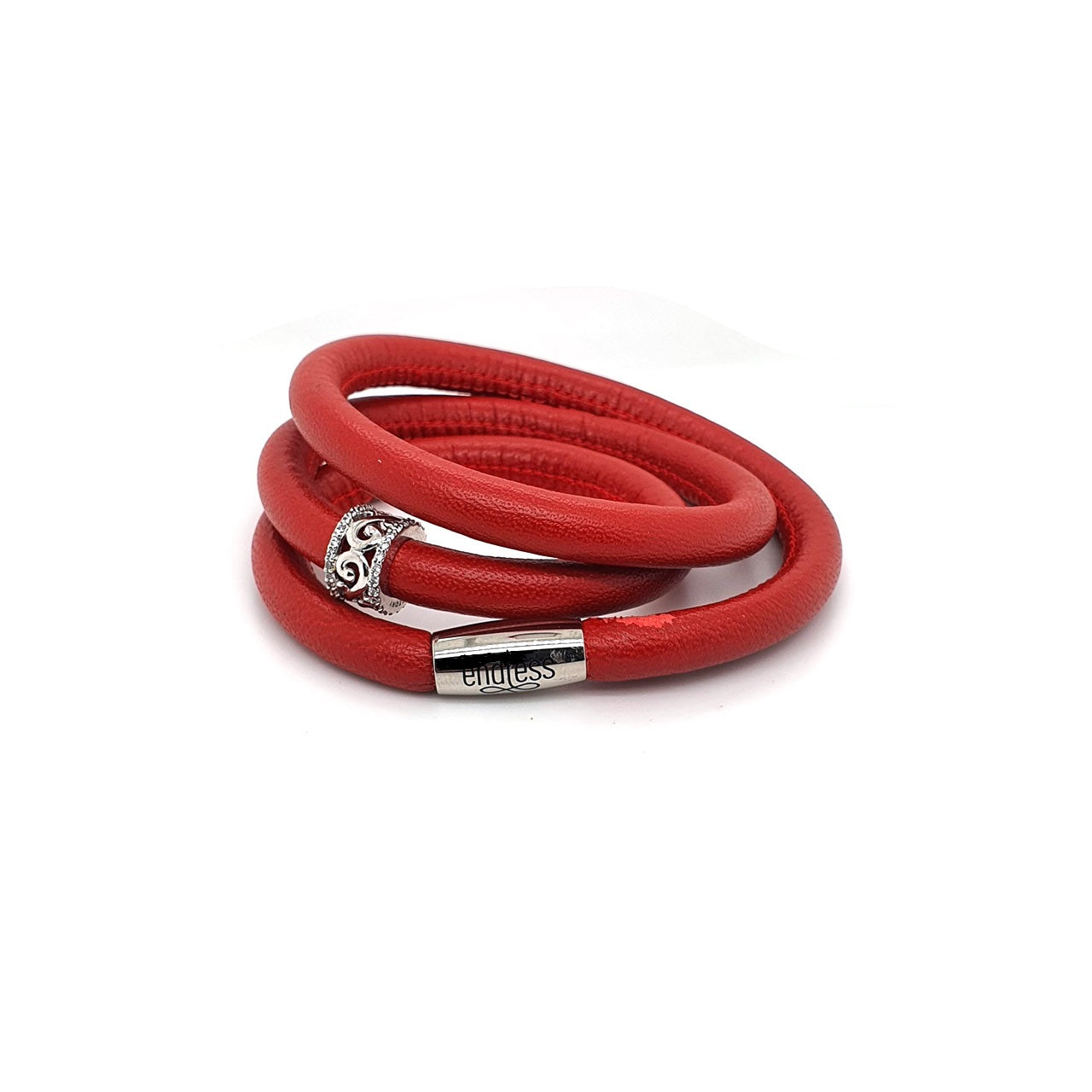 Red Leather 54cm Triple Wrap with Story Forever Ring Charm Bracelet