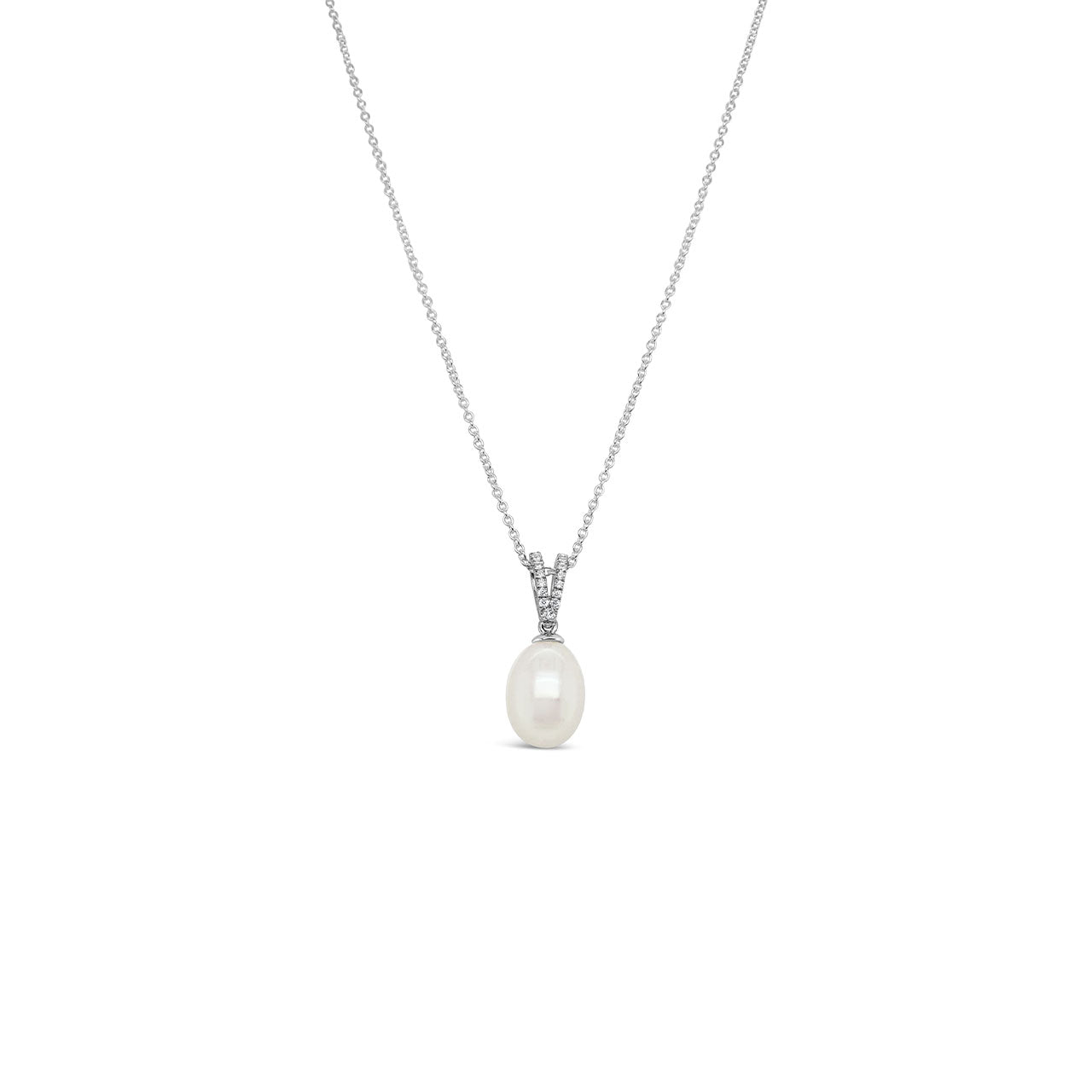 Sterling Silver 8.5-9mm with CZ Oval White Fresh Water Pearl Pendant