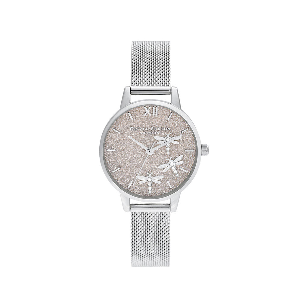 Dancing Dragonfly Blush Glitter Dial & Silver Mesh Watch