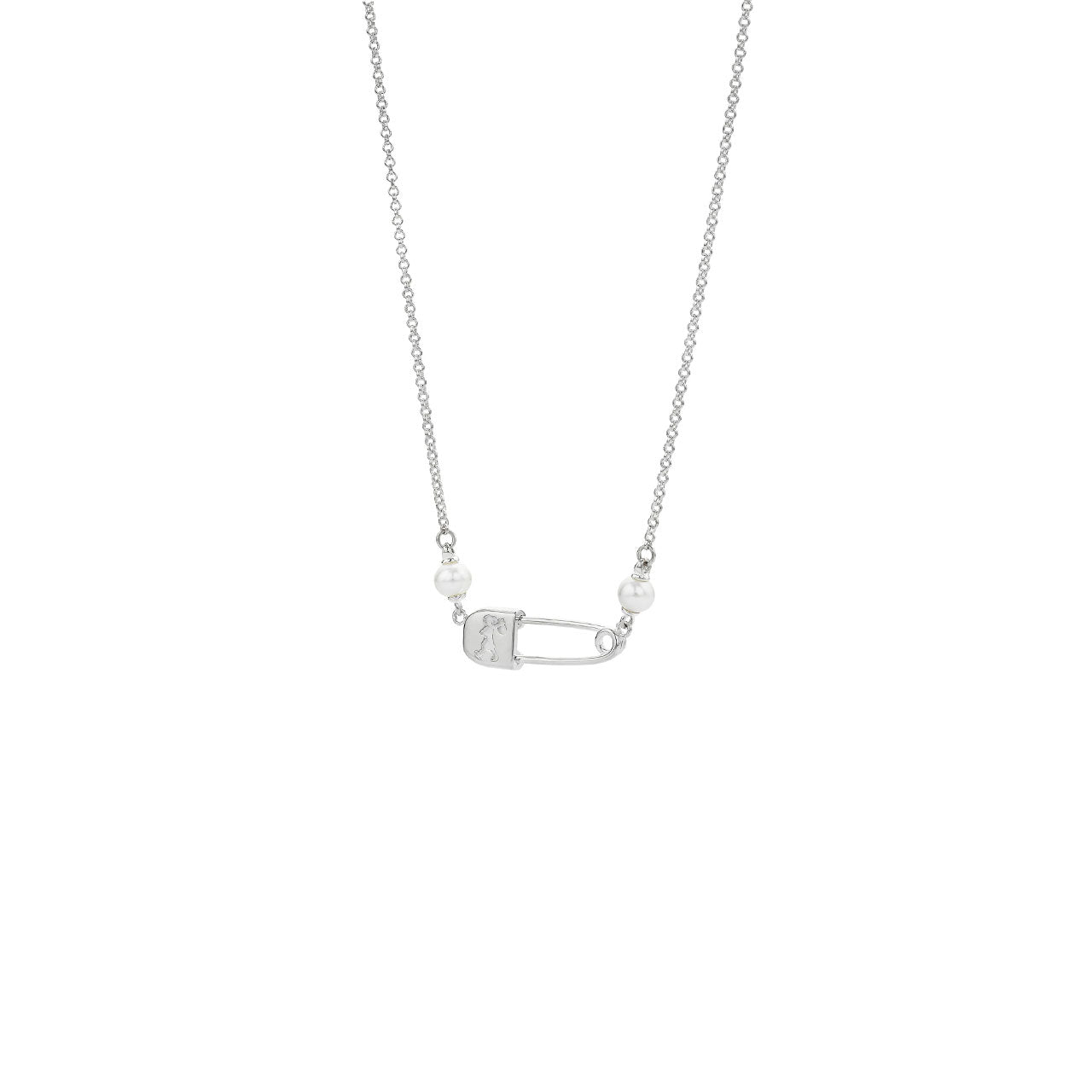 Runaway Safety Pin Necklace with 2 x 4mm Freshwater Pearls Silver