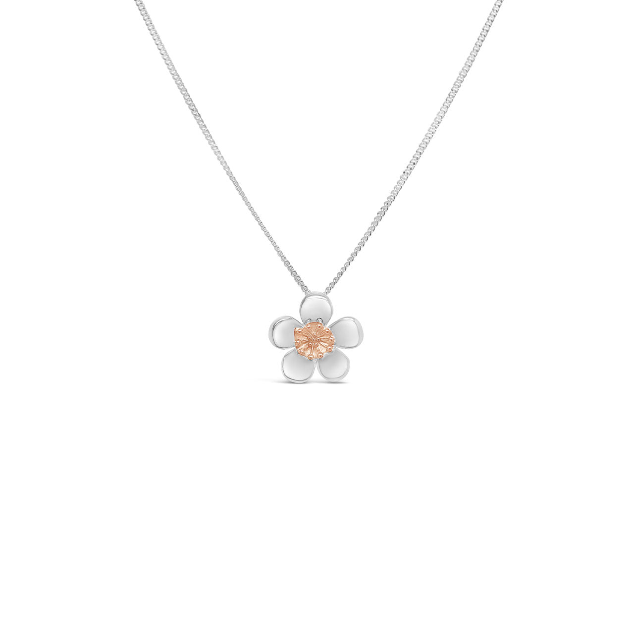 Sterling Siver with Rose Gold Plated Centrer Manuka Flower Necklace