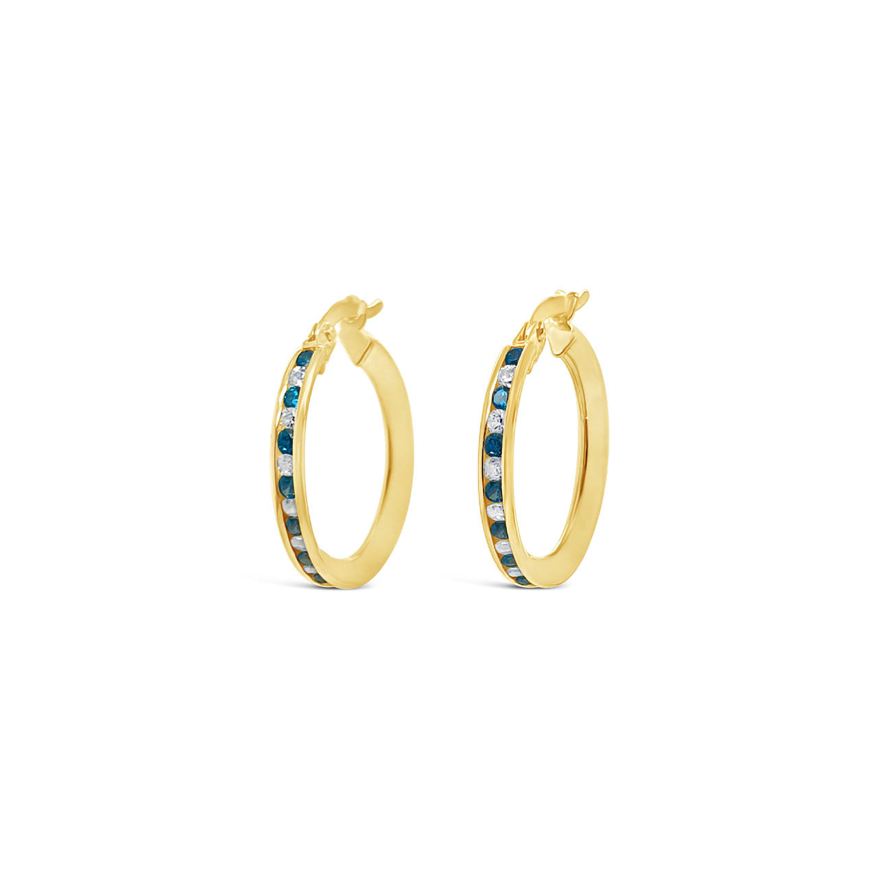 9k Yellow & Sterling Silver Bonded Bright Blue & White CZ Hoop Earrings
