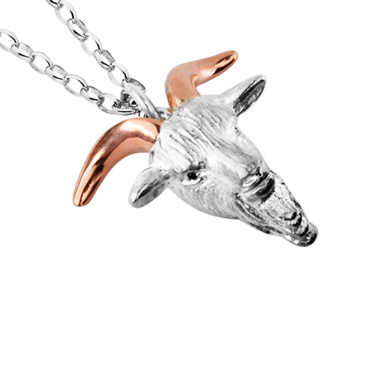 Sterling Silver & 9k Rose Gold Goat Head with Garnet 60cm Necklace