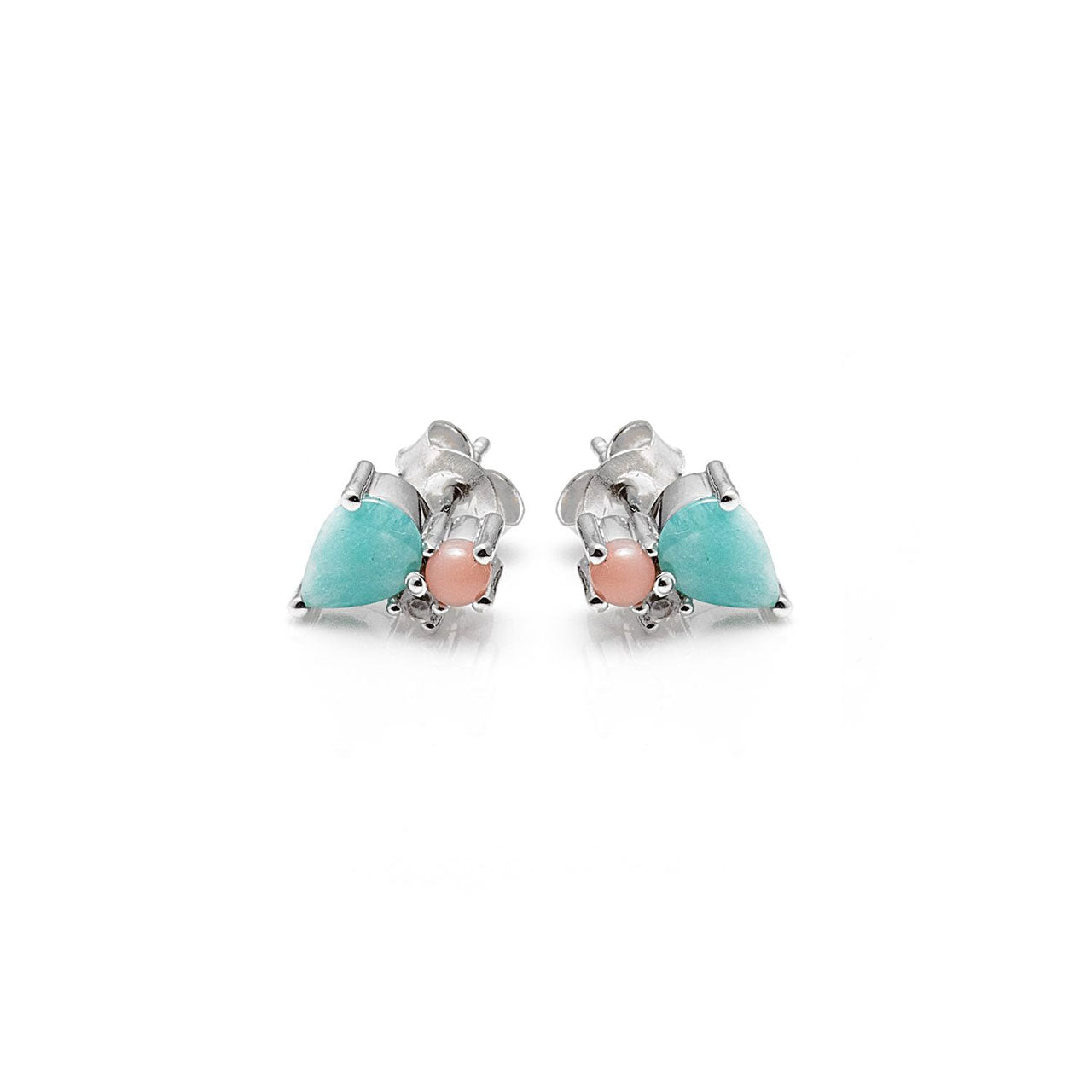 Bloom Stud Earrings Amazonite, Rose Quartz, Pink Opal + Silver