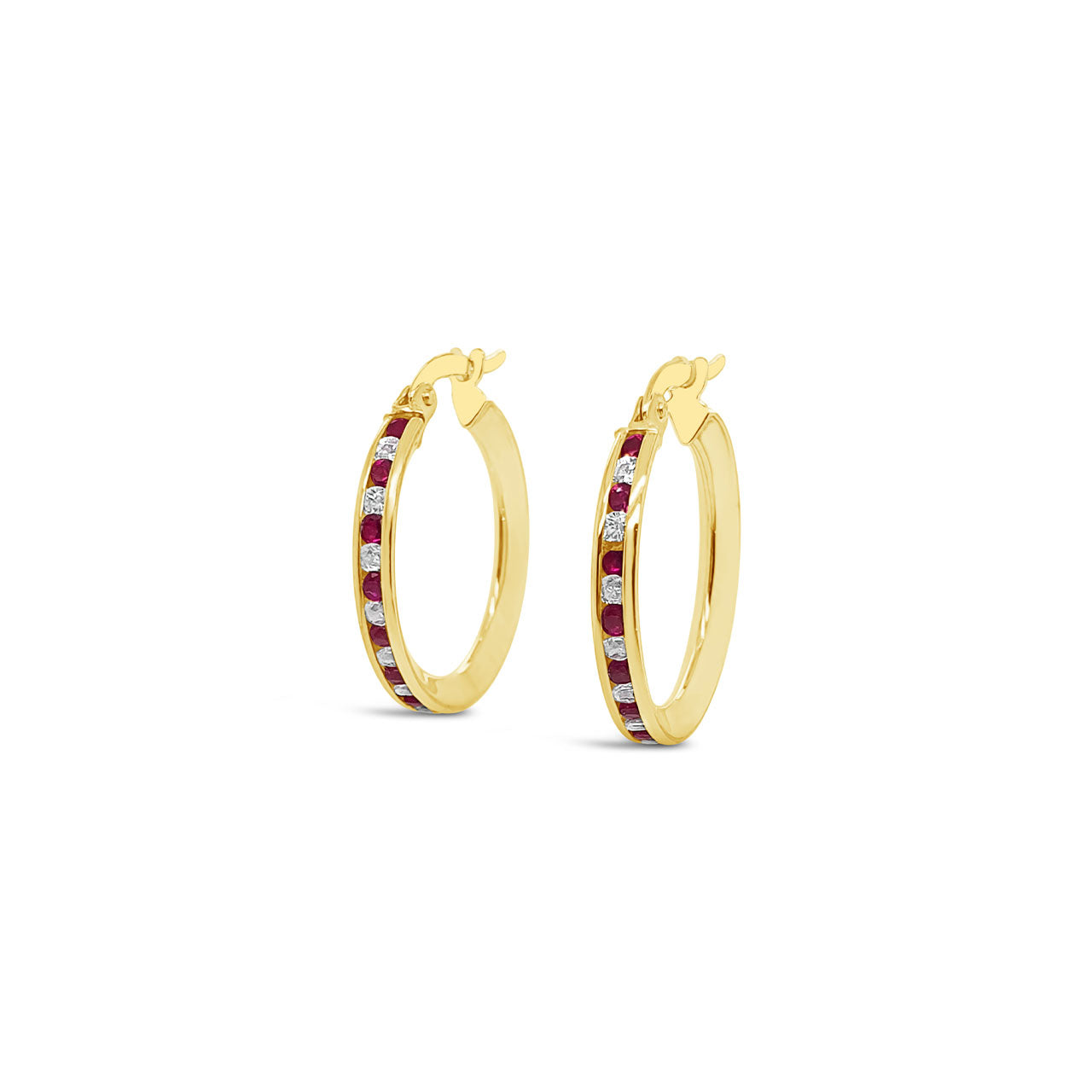 9k Yellow & Sterling Silver Bonded Red & White CZ Hoop Earrings