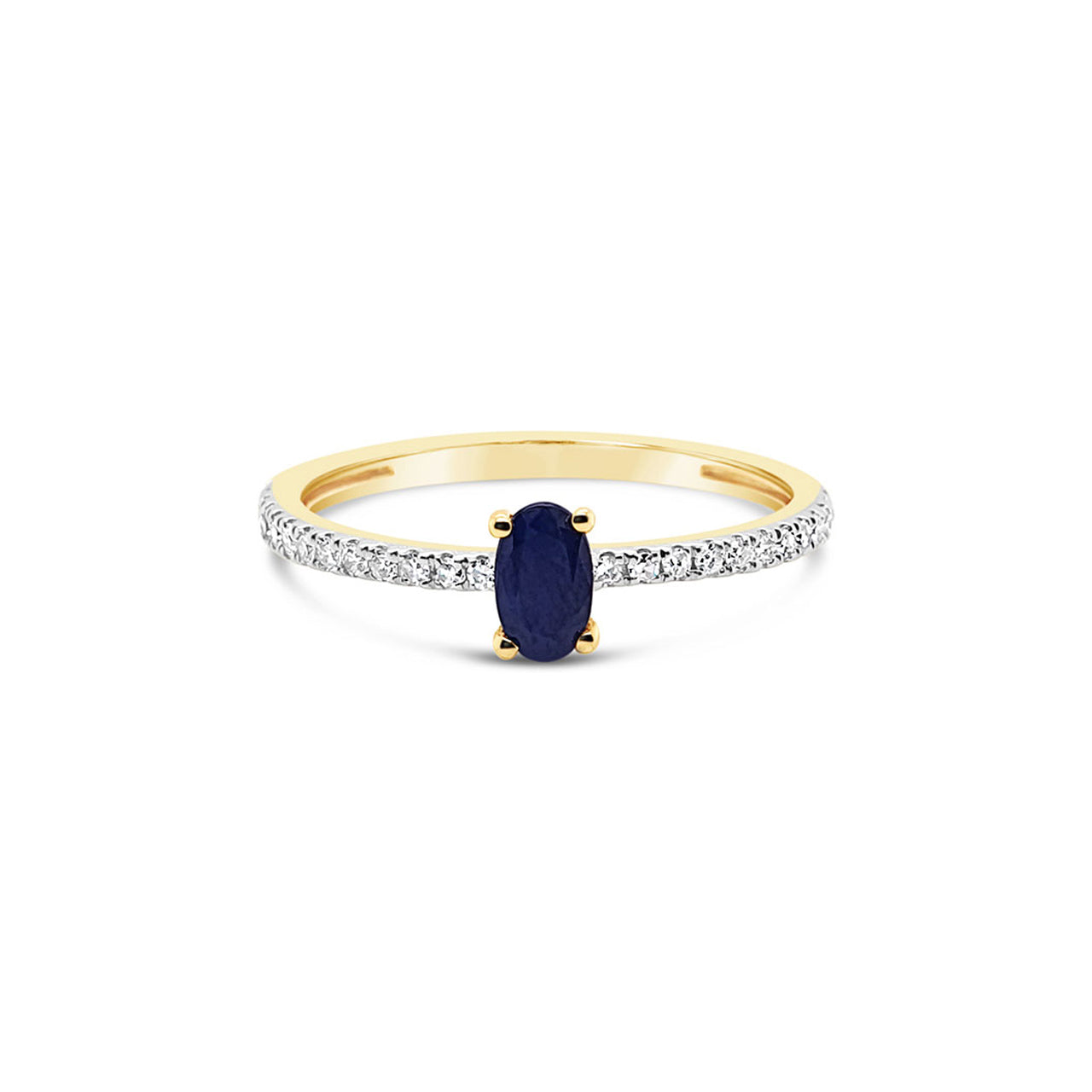 9k Yellow Gold Oval Sapphire & Shoulder Set Diamond Dress Ring