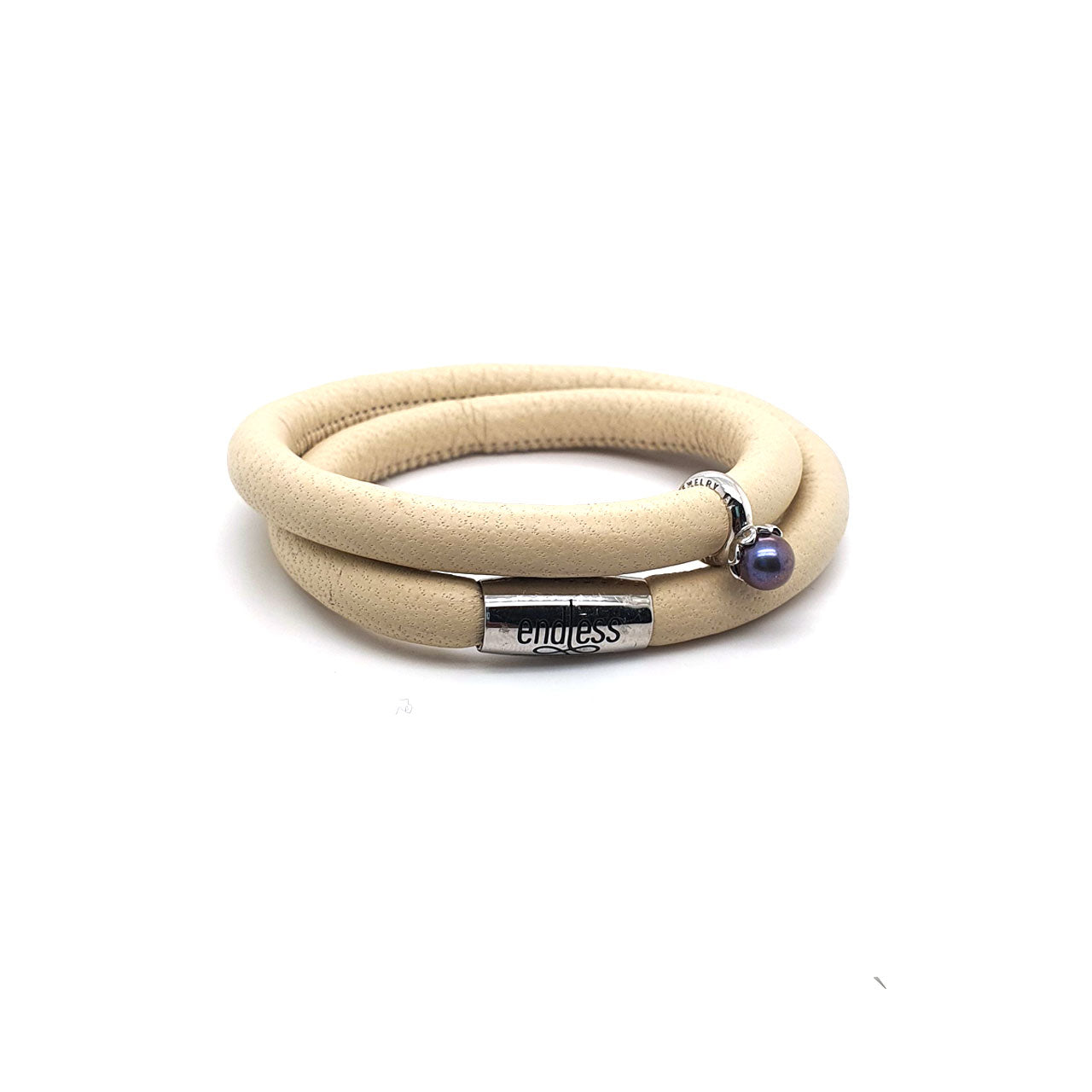 Cream Leather 36cm Wrap with Purple Pearl Flower Charm Bracelet