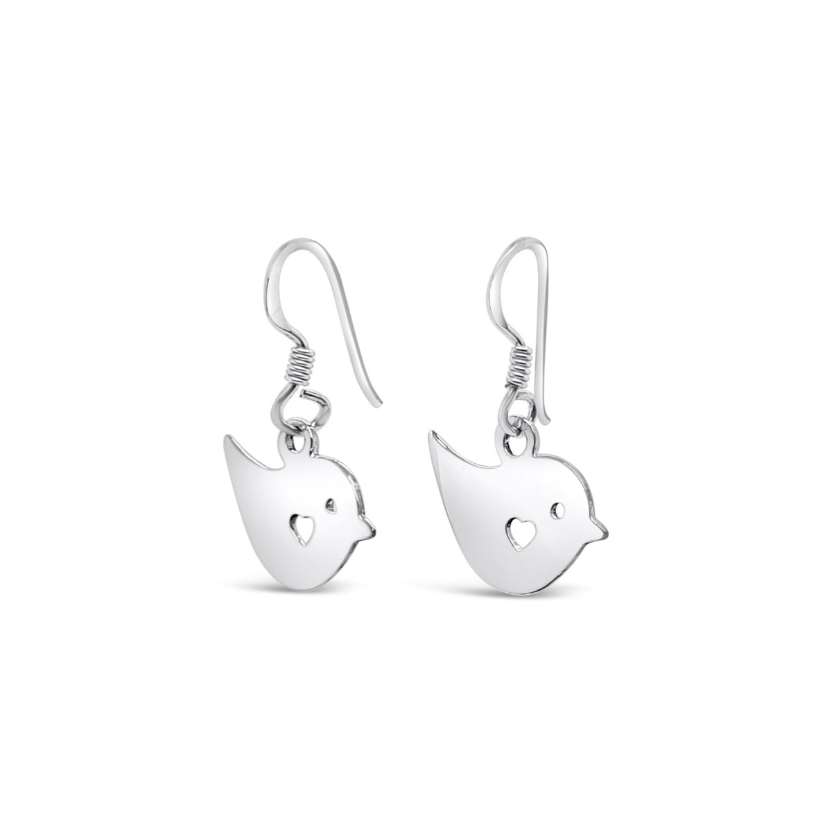 Sterling Silver Little Birds with Cut Out Hearts Hook Earrings
