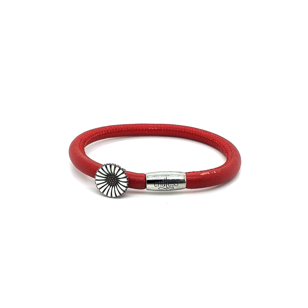 Red Leather 21cm Single Wrap White Daisy Charm Bracelet