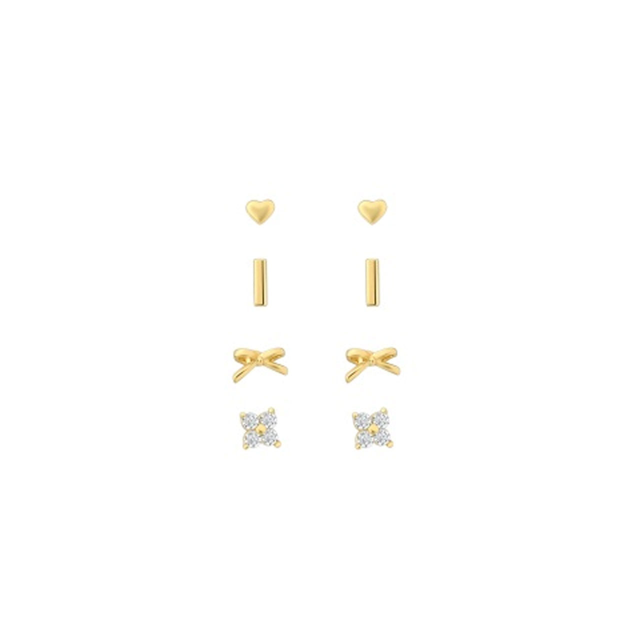 Gold Plated Stack Pack of 4 Earrings - Hearts, Bows, Studs and Bars