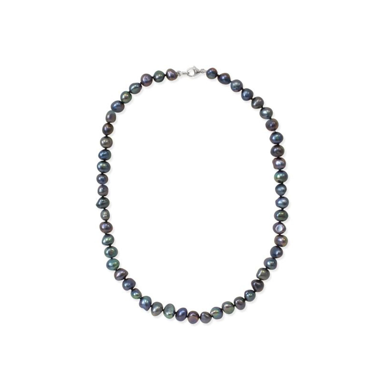 Sterling Silver 7-8mm Double Shiny Dyed Black Pearl Necklace
