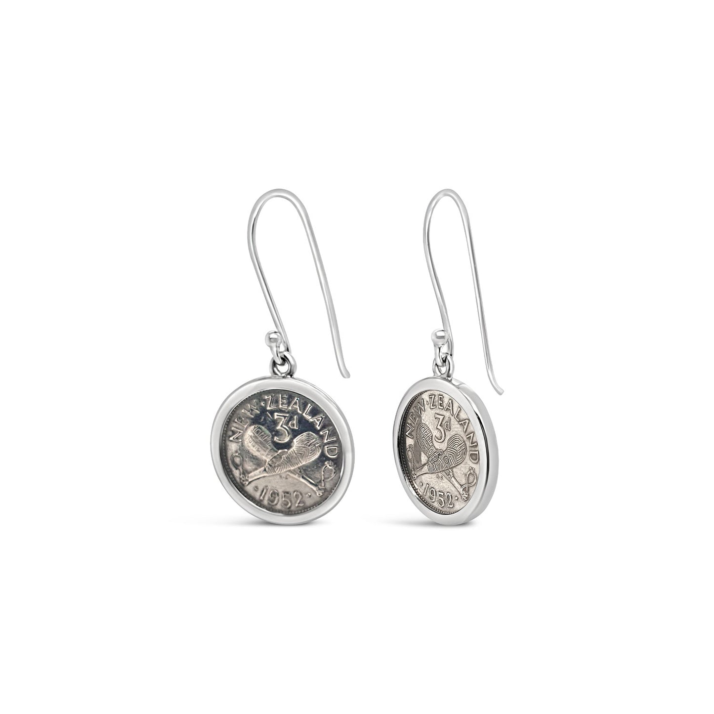 Sterling Silver Plain Wire Framed NZ Thruppence Hook Earrings