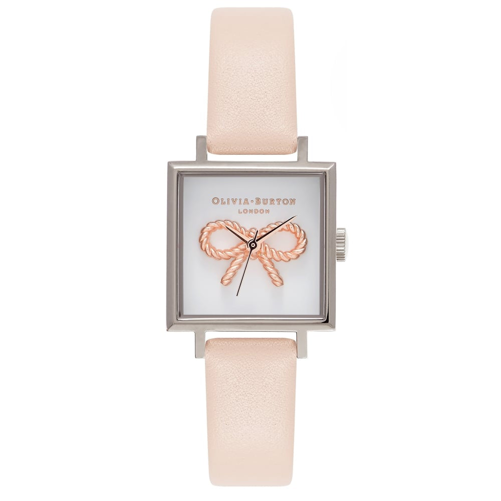 3D Vintage Bow Midi Square Dial, Nude Peach, Rose Gold & Silver Watch