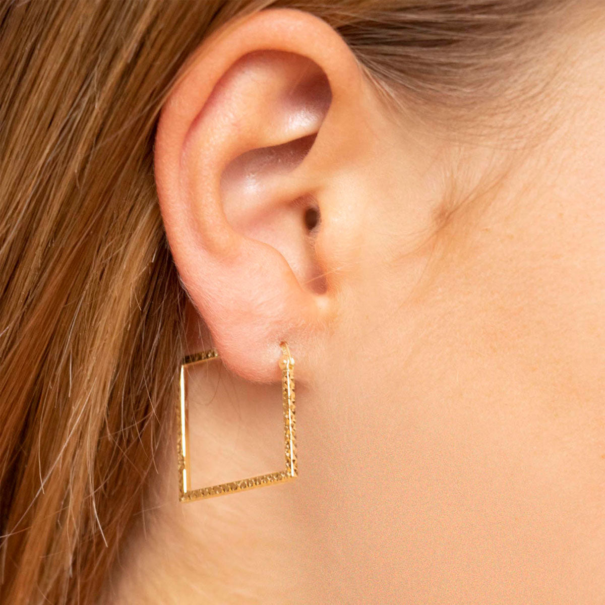 9k Yellow Gold Square Diamond Cut Hoop Earrings