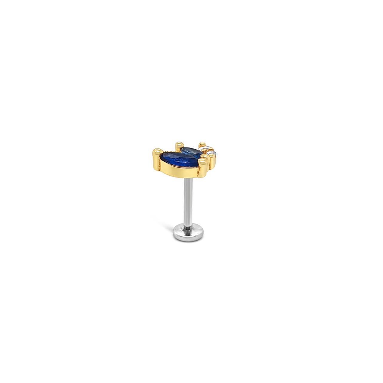 Sterling Silver Gold Plated Blue CZ Single Flat Back Stud Earring