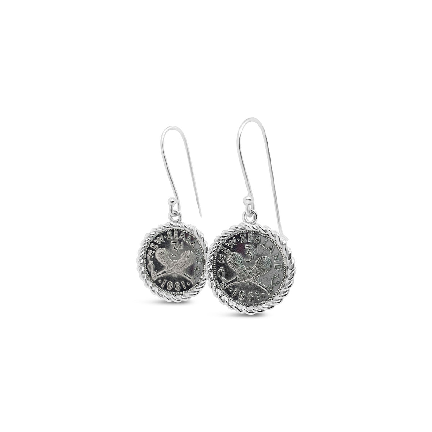 Sterling Silver Twist Wire Framed NZ Thruppence Hook Earrings
