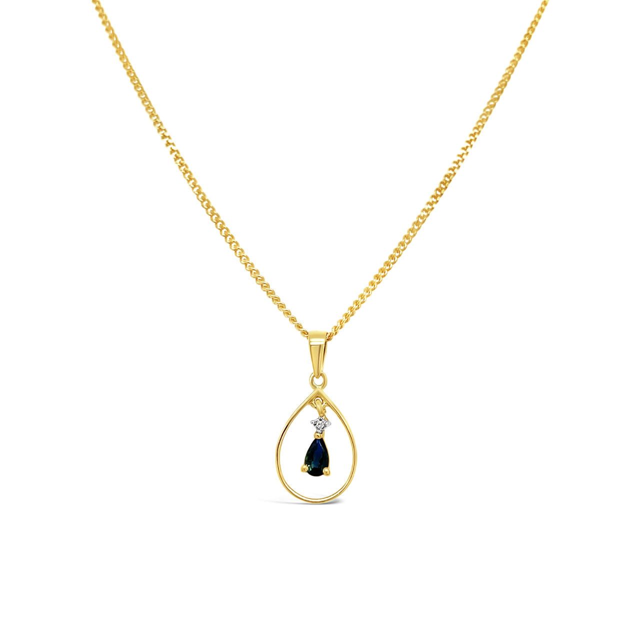 9k Yellow Gold Pear Sapphire & Diamond Drop Pendant