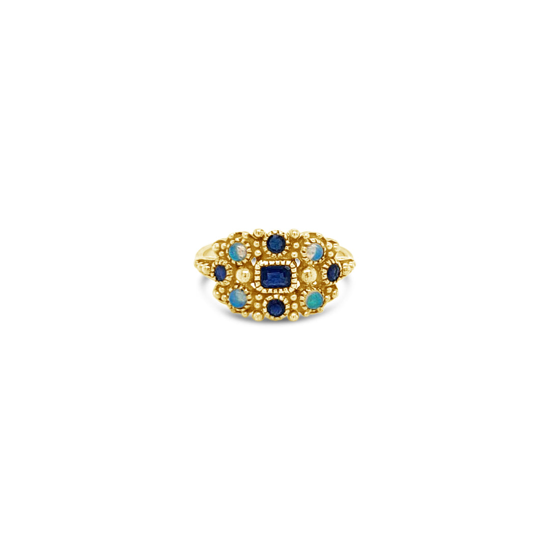 9k Yellow Gold Sapphire & Opal Antique Style Cluster Ring