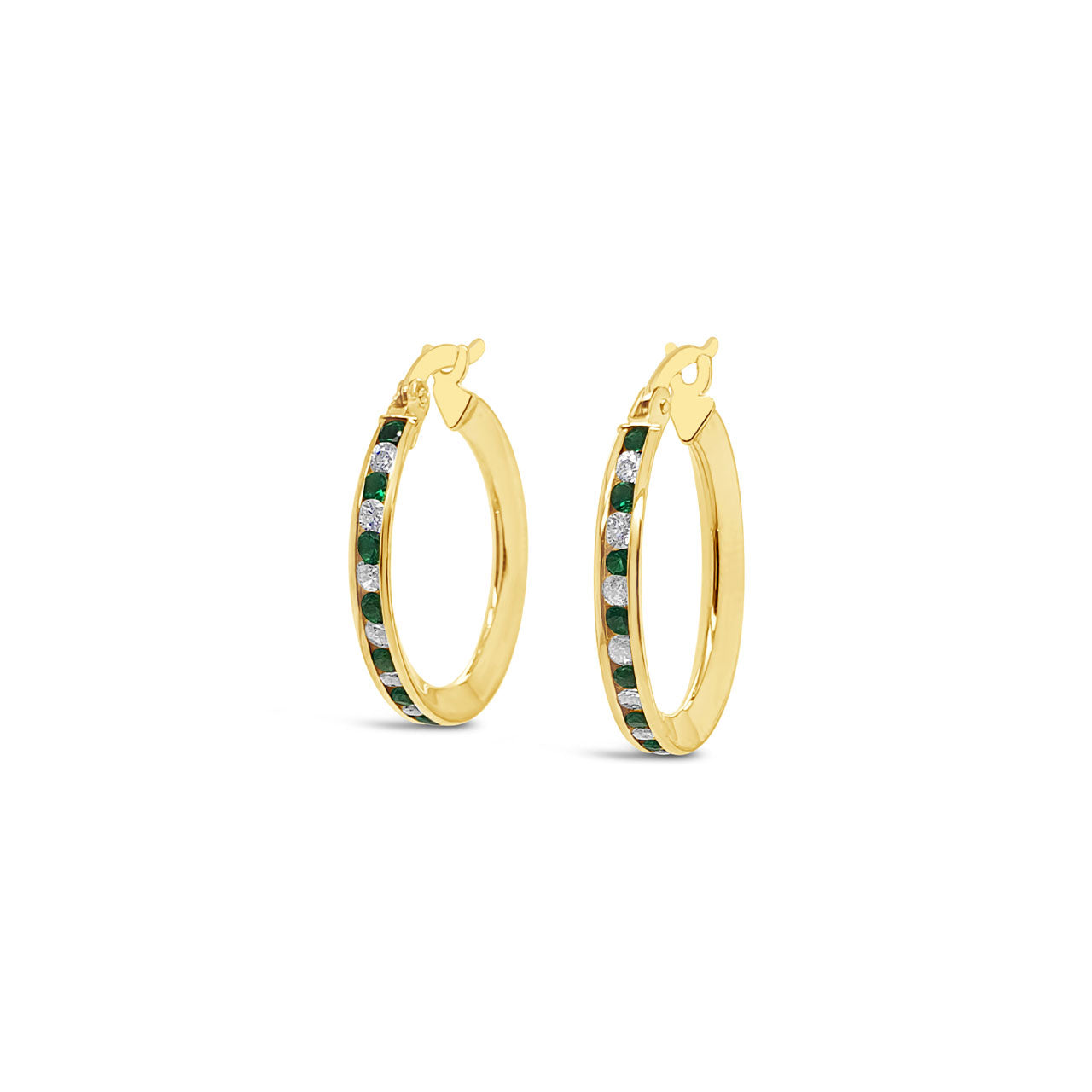 9k Yellow & Sterling Silver Bonded Green & White CZ Hoop Earrings
