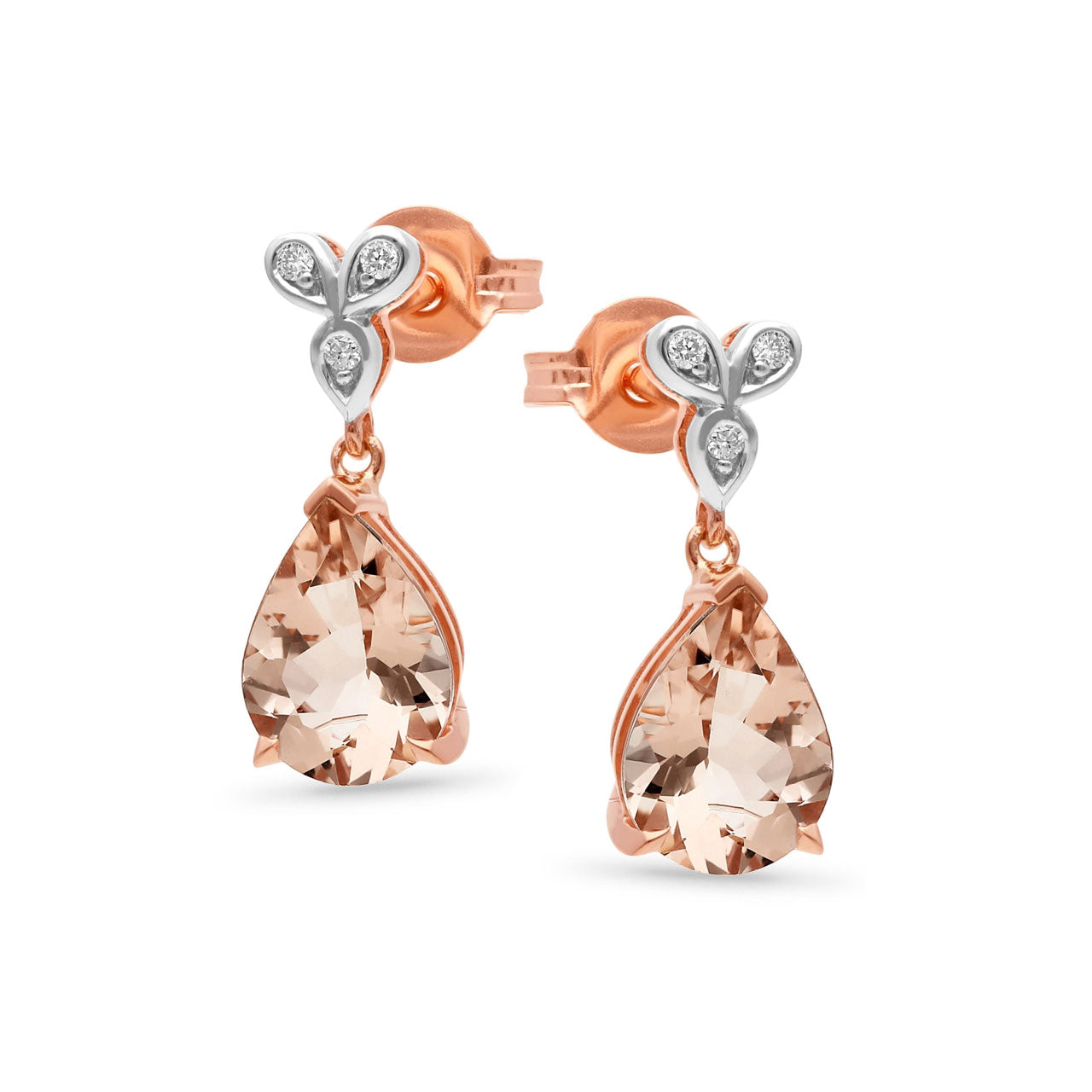 9k Rose Gold Pear Shaped Morganite Drop Earrings