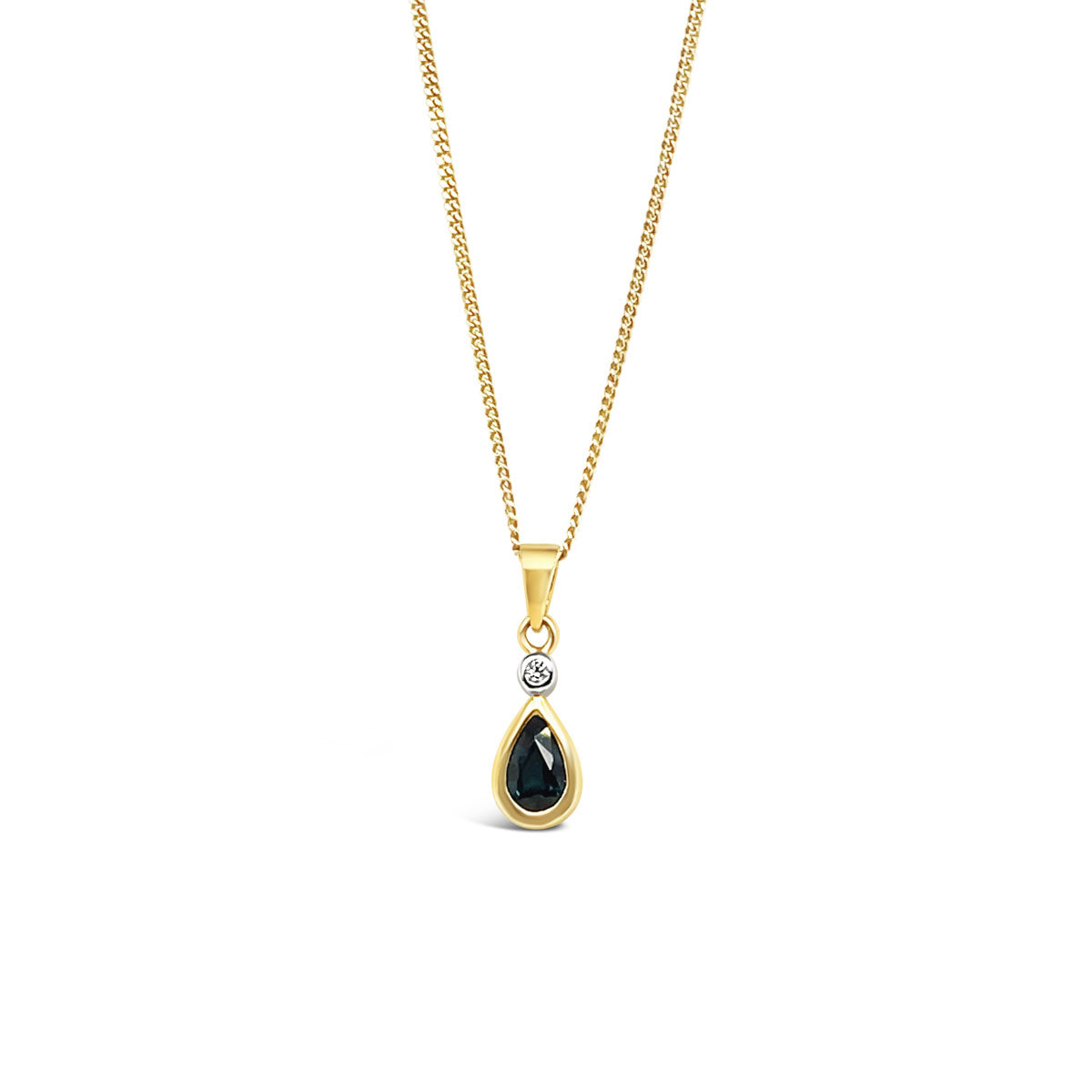 9k Yellow Gold Bezel Set Pear Sapphire & Diamond Pendant