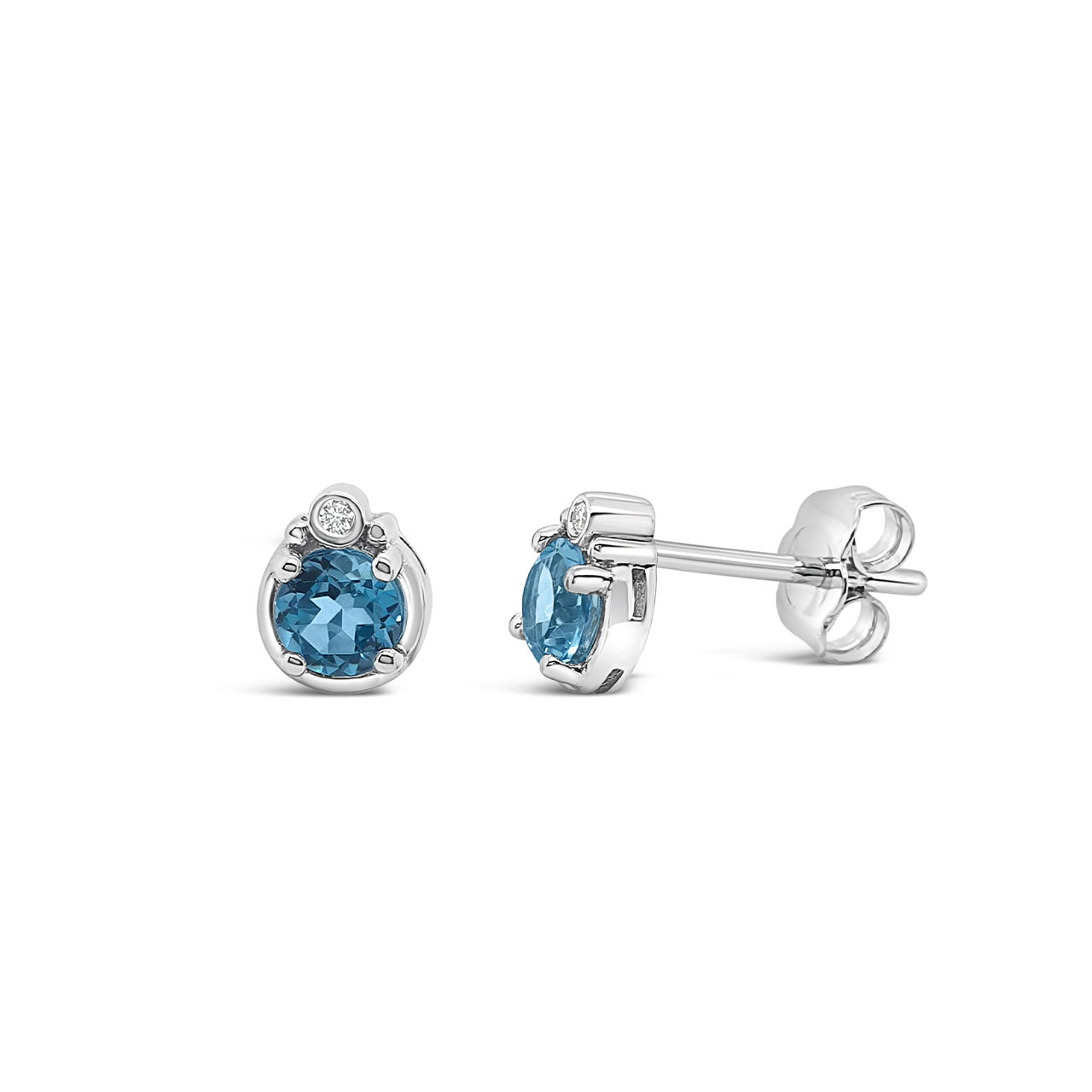 9k White Gold Blue Topaz & Diamond Stud Earrings