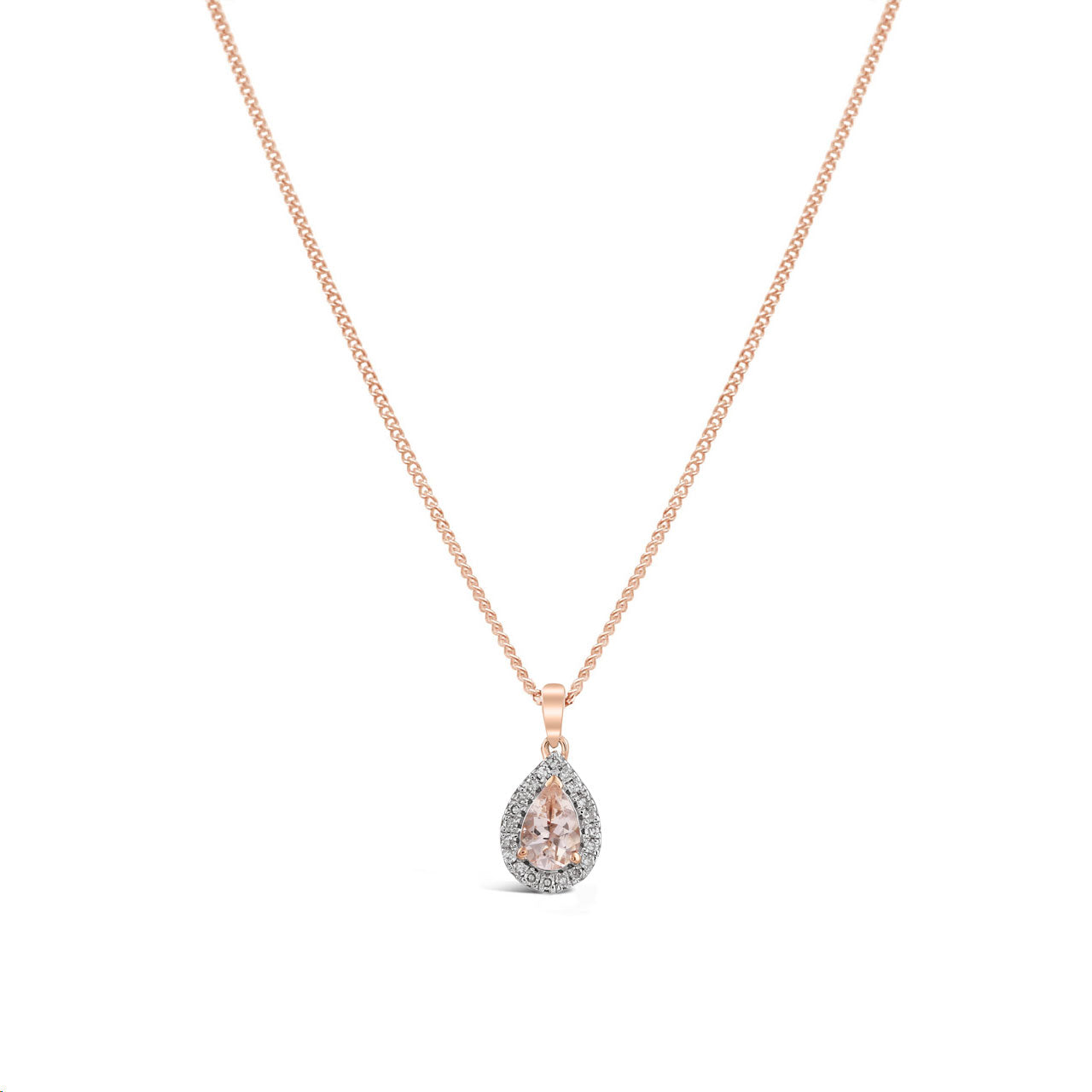 9k Rose Gold Pear Morganite & Diamond Halo Pendant