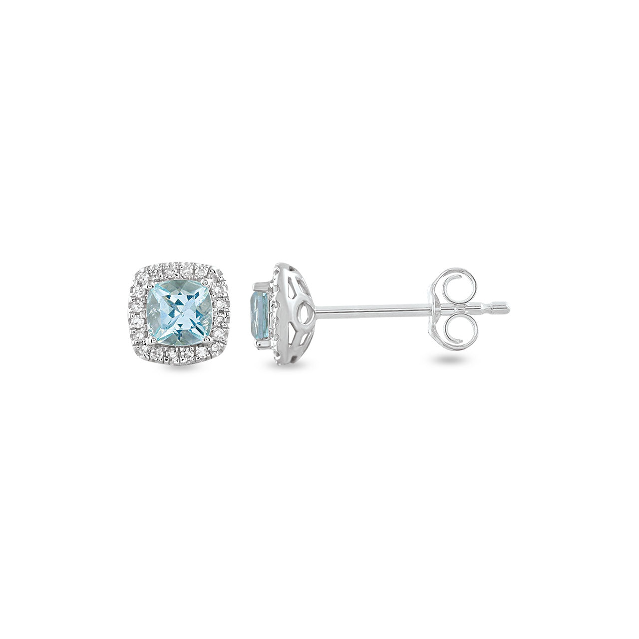 9k White Gold Cushion Cut Aquamarine & Diamond Halo Stud Earrings