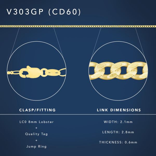 55cm Gold Plated V303 Diamond Cut Curb Chain