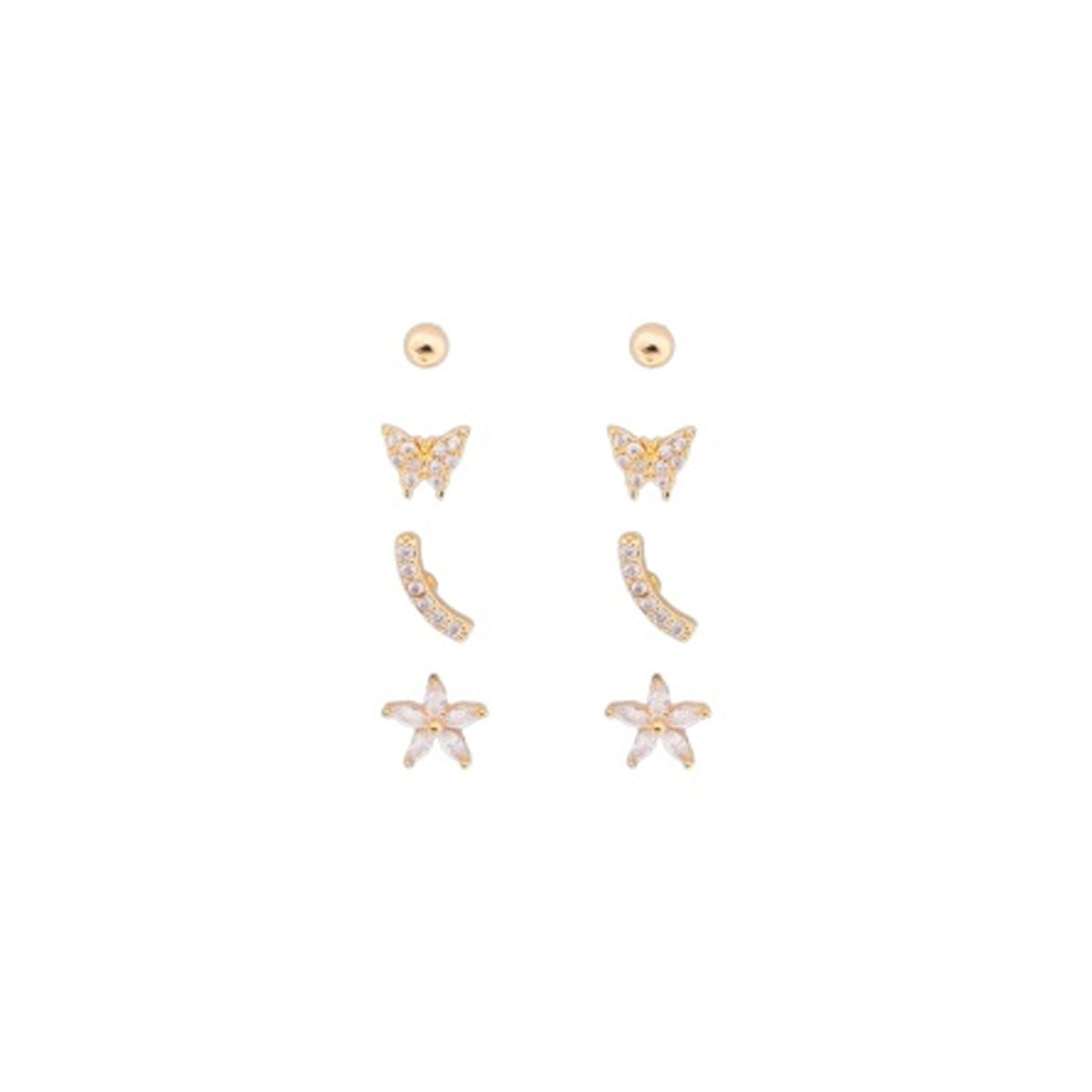 Gold Plated Stack Pack of 4 Earrings - Bows, Butterflies, Studs and Bars
