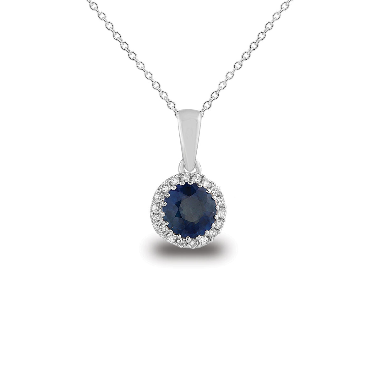 9k White Gold Round Sapphire & Diamond Halo Pendant