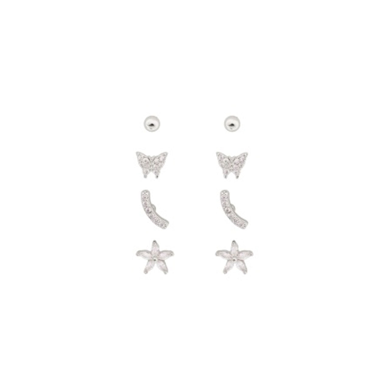 Silver Stack Pack of 4 Earrings - Bows, Butterflies, Studs and Bars