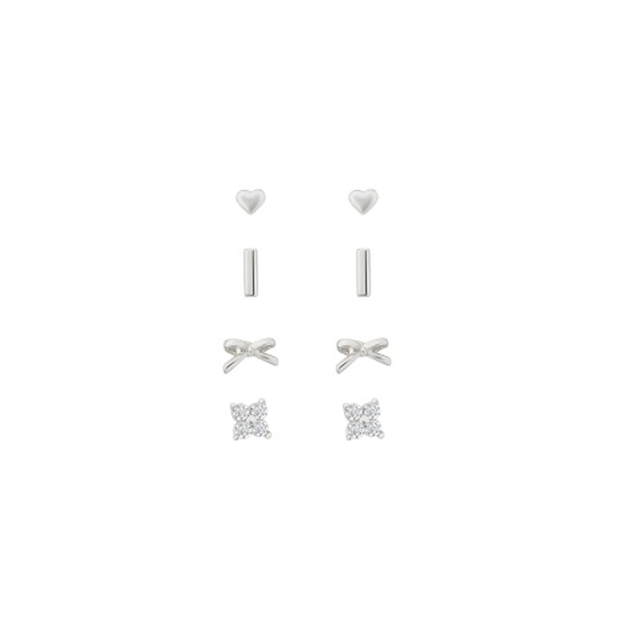 Silver Stack Pack of 4 Earrings - Hearts, Bows, Studs and Bars