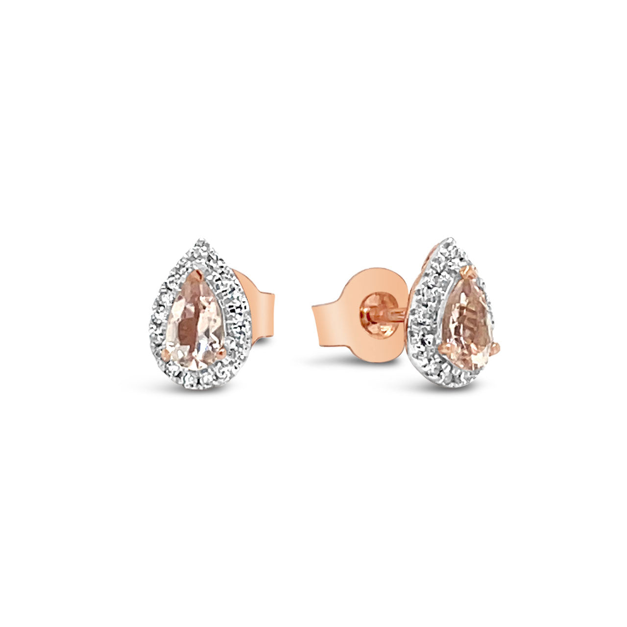 9k Rose Gold Pear Morganite & Diamond Stud Earrings