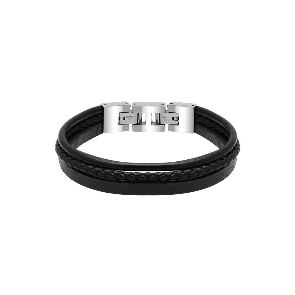Rochet - Mens Polished Steel Black Braided and Round Leather Bracelet