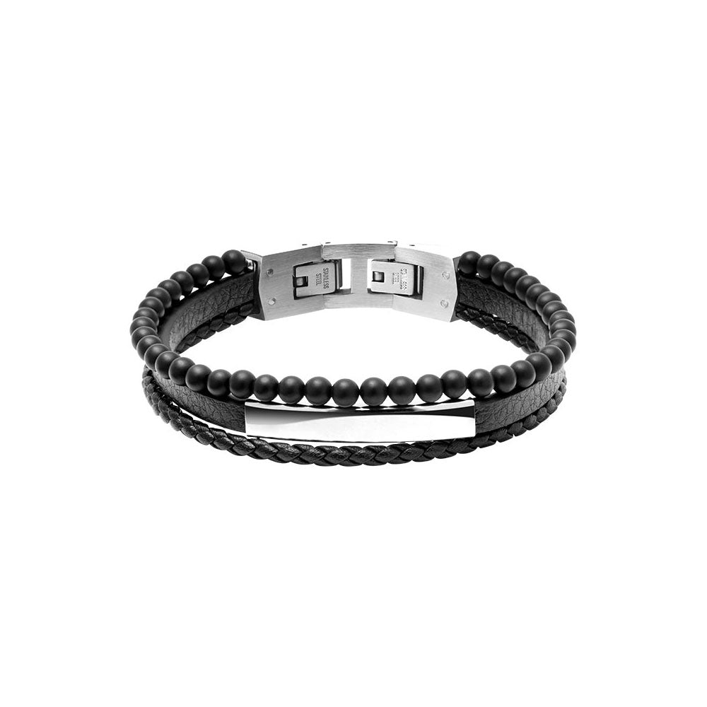 Stanless Steel & Black Leather Bracelet