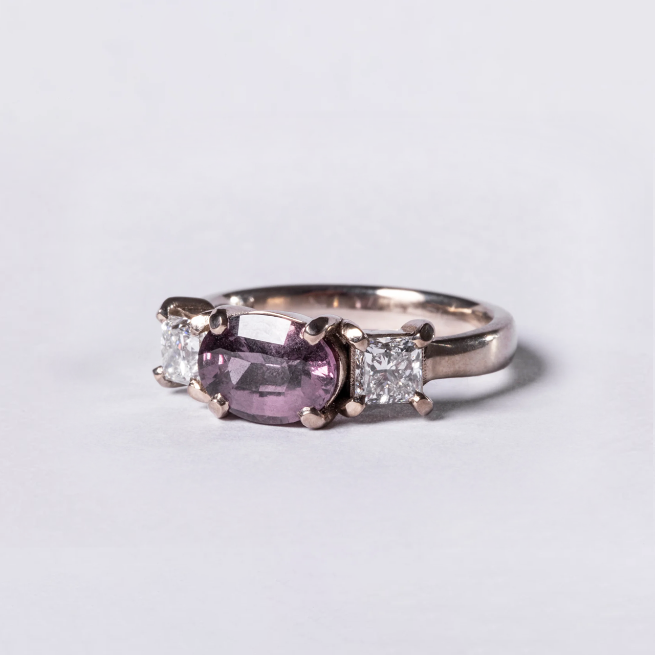 Afterglow - 18k White Gold 2.11ct Padparadscha Sapphire & 1ct Princess Cut Diamond 3 Stone Ring