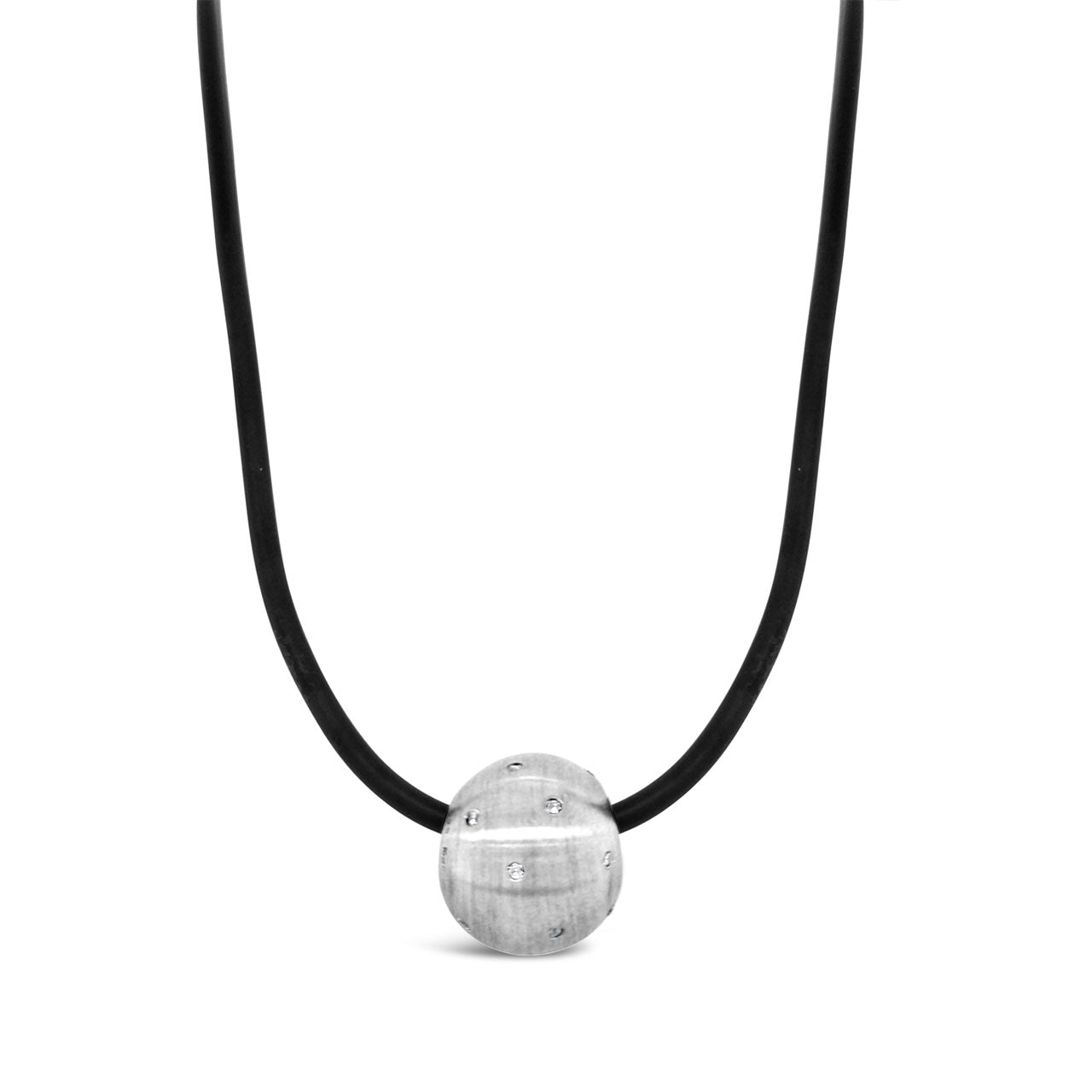 Matte Sterling Silver & CZ Ball Black Rubber Necklace