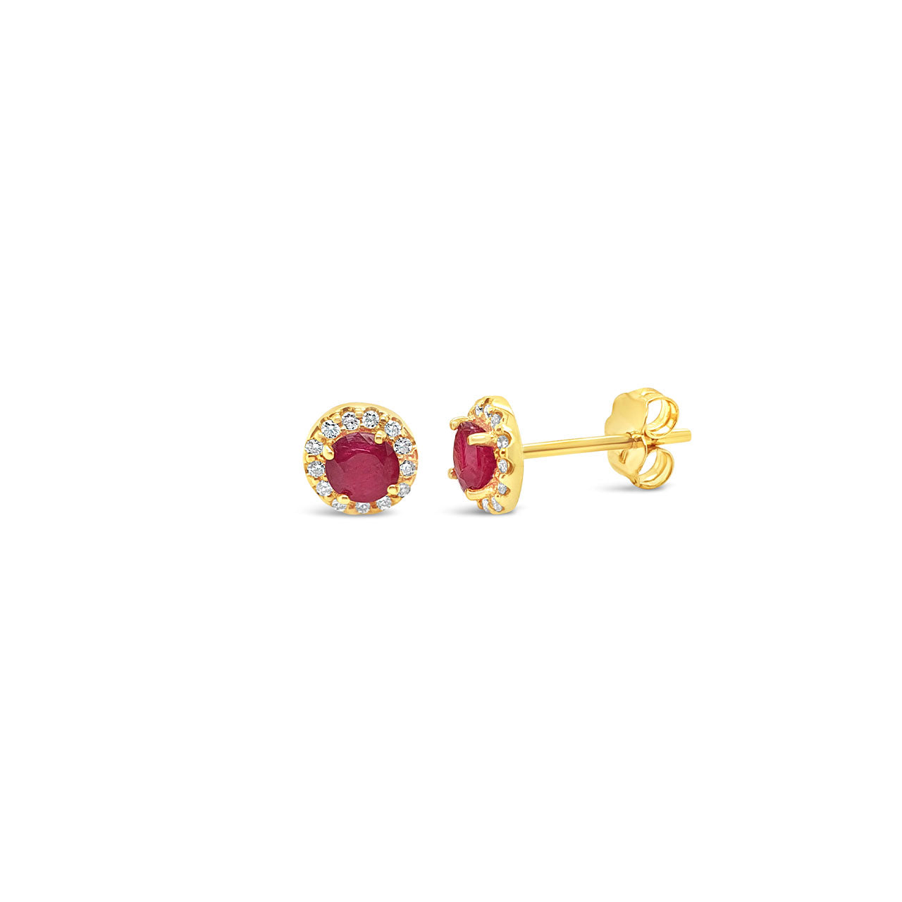 9k Yellow Gold Round Ruby & Diamond Halo Stud Earrings