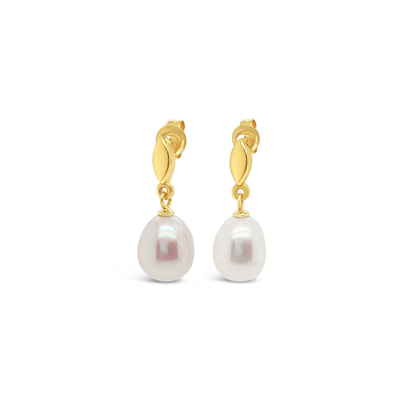 9k Yellow Gold 9.5-10mm White Fresh Water Pearl Drop Earrings