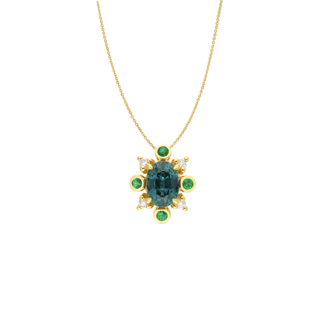 9k Yellow Gold Teal Sapphire & Tsavorite Green Garnet & Diamond Pendant