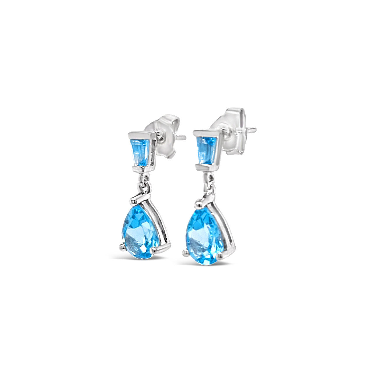 9k White Gold Pear & Tapered Bagette Blue Topaz Drop Stud Earrings